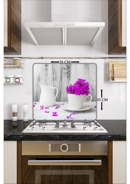 50X56 cm Mor Çiçek Cam Ocak Koruyucu