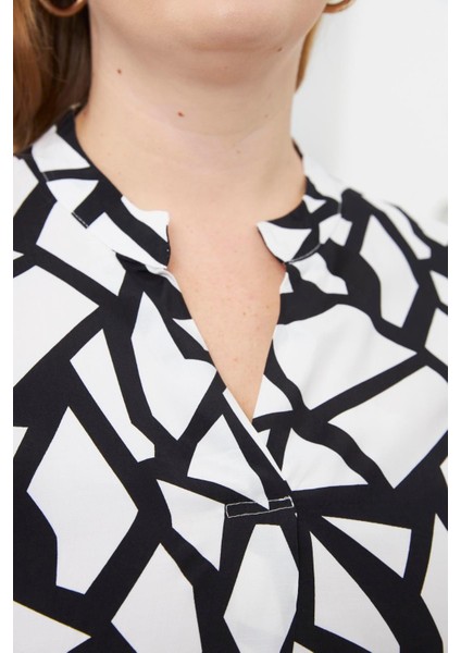 Kadın Geometrik Desen Hakim Yaka Viskon Kumaş Büyük Beden Siyah Bluz – Şık, Rahat ve Modern Stil modelleri