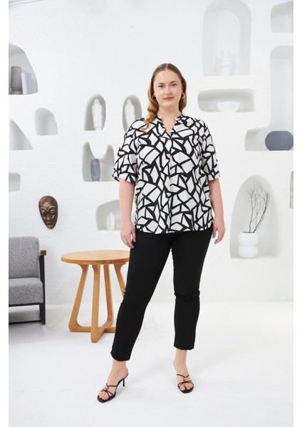 Kadın Geometrik Desen Hakim Yaka Viskon Kumaş Büyük Beden Siyah Bluz – Şık, Rahat ve Modern Stil indirimleri