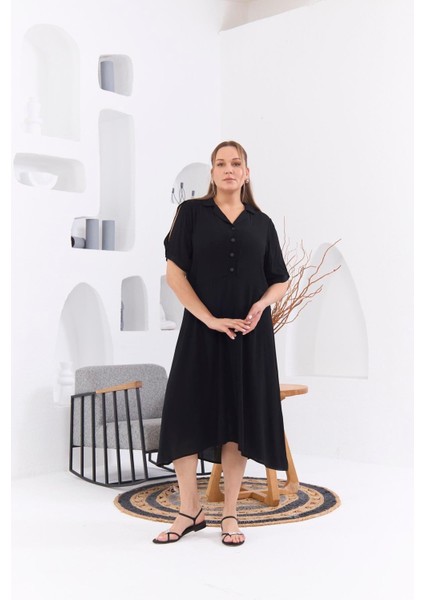 Kadın Kol Yırtmaç Detaylı Büyük Beden Siyah Viskon Elbise – Zarif, Rahat ve Şık Tasarım