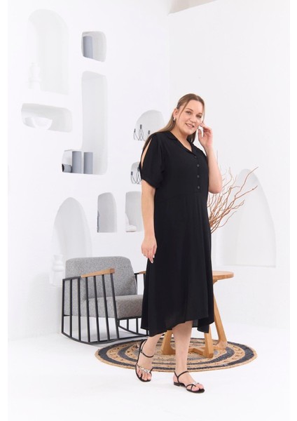 Kadın Kol Yırtmaç Detaylı Büyük Beden Siyah Viskon Elbise – Zarif, Rahat ve Şık Tasarım fiyatları