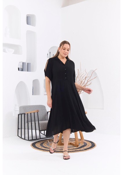 Kadın Kol Yırtmaç Detaylı Büyük Beden Siyah Viskon Elbise – Zarif, Rahat ve Şık Tasarım modelleri