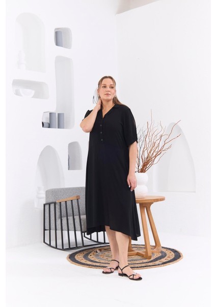 Kadın Kol Yırtmaç Detaylı Büyük Beden Siyah Viskon Elbise – Zarif, Rahat ve Şık Tasarım fırsatları