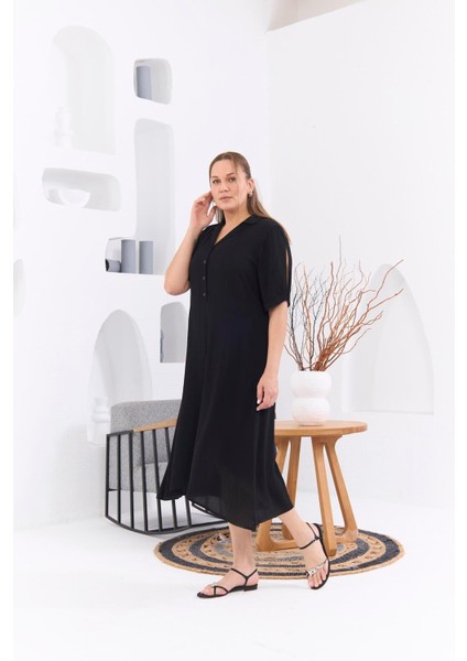 Kadın Kol Yırtmaç Detaylı Büyük Beden Siyah Viskon Elbise – Zarif, Rahat ve Şık Tasarım indirimleri