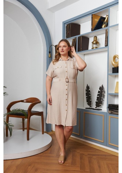 Kadın Kemer ve Cep Detaylı Düğmeli Kısa Kol Rayon Kumaş Büyük Beden Krem Elbise – Hafif, Şık ve Günlük Konfor fiyatları