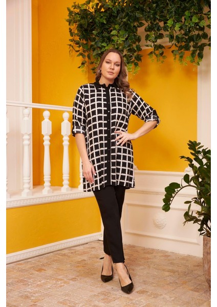 Kadın Kol Detaylı Büyük Beden Siyah Kareli Viskon Gömlek Tunik – Rahat, Şık ve Modern Günlük Stil