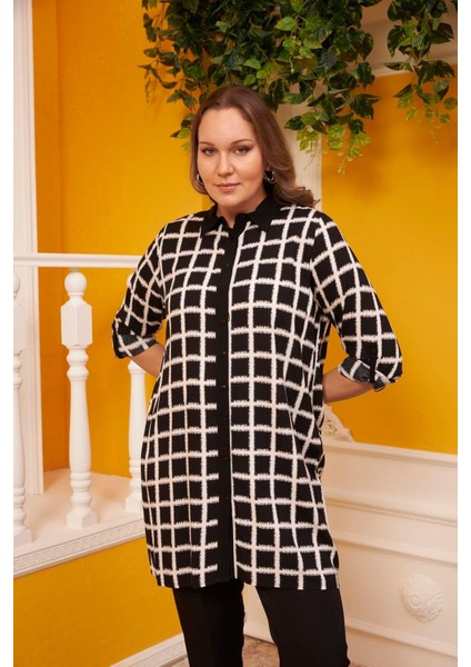 Kadın Kol Detaylı Büyük Beden Siyah Kareli Viskon Gömlek Tunik – Rahat, Şık ve Modern Günlük Stil fiyatları