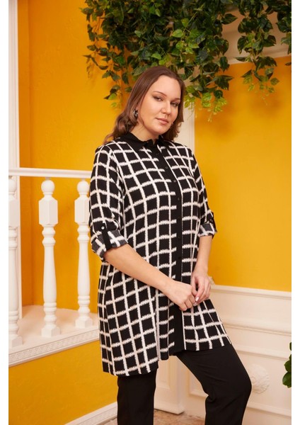 Kadın Kol Detaylı Büyük Beden Siyah Kareli Viskon Gömlek Tunik – Rahat, Şık ve Modern Günlük Stil modelleri