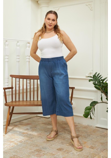 Kadın Beli Lastikli Büyük Beden Yumuşacık Kumaş Mavi Kapri – Konforlu, Hafif ve Günlük Şıklık modelleri