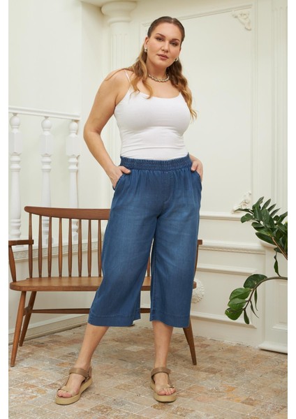 Kadın Beli Lastikli Büyük Beden Yumuşacık Kumaş Mavi Kapri – Konforlu, Hafif ve Günlük Şıklık indirimleri
