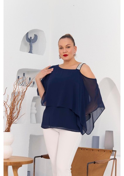 Kadın Omuz Taş Detaylı Içlikli Şifon Büyük Beden Lacivert Bluz – Işıltılı, Zarif ve Şık Seçim indirimleri
