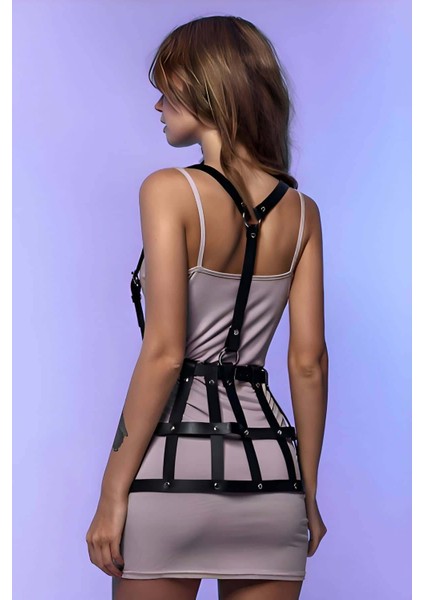 Kafes Tasarımlı Askılı Mini Elbise Üzeri Deri Harness - BRF1252