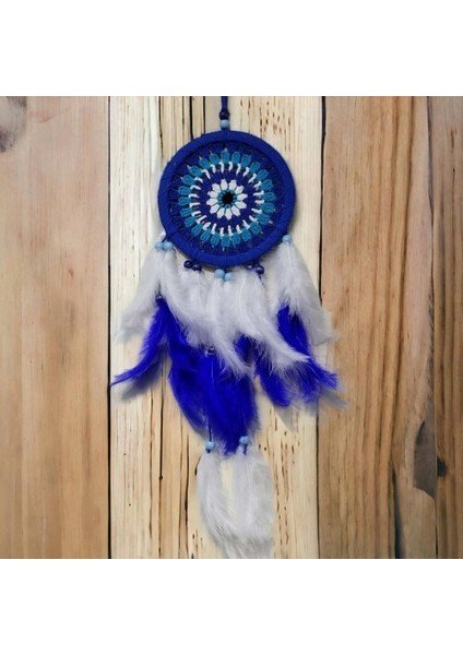 Nazar Boncuğu Desenli Bol Kuş Tüylü Lacivert Dream Catcher El Yapımı Duvar Dekoru modelleri