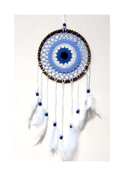 Nazar Boncuğu Motifli El Yapımı Buz Mavisi Renginde Düş Kapanı Duvar Süsü