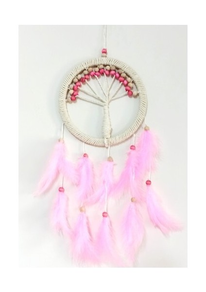 Pembe Kuş Tüylü Hayat Ağacı Düş Kapanı Dream Catcher Duvar Süsü