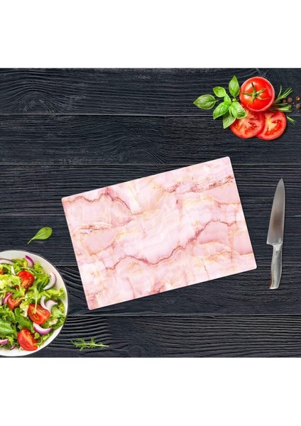 30X40 cm Cam Kesme Tahtası Pembe Mermer Görünümlü