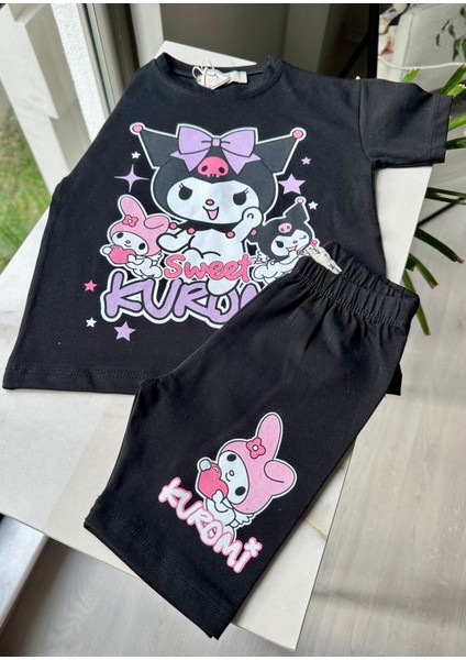 "sweet Kuromi" Baskılı Siyah Tişört ve Tayt Takım modelleri