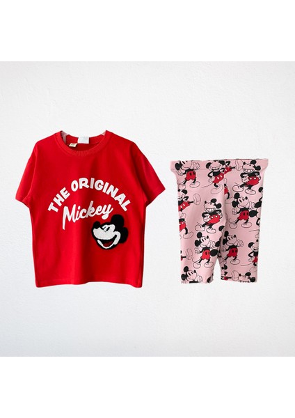 "the Original Mickey" Kırmızı Tişört ve Mickey Desenli Tayt Takım