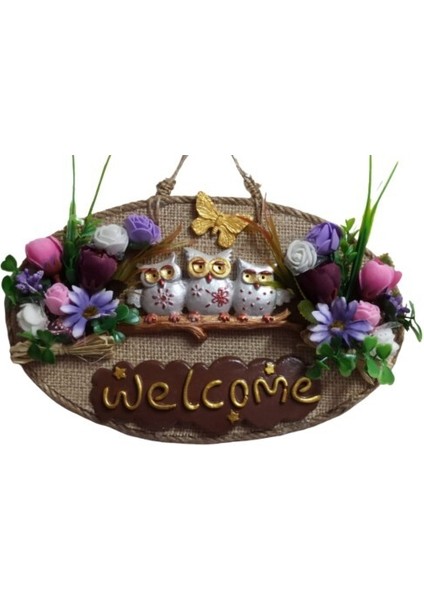 Baykuş Ailesi Welcome Yazılı Kapı Süsü