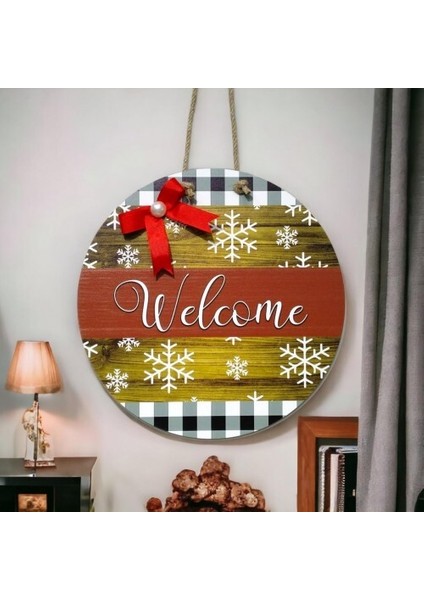 Dijital Baskı Kırmızı Kurdeleli İncili Welcome Kapı Süsü 30 Cm Kapı Süsü