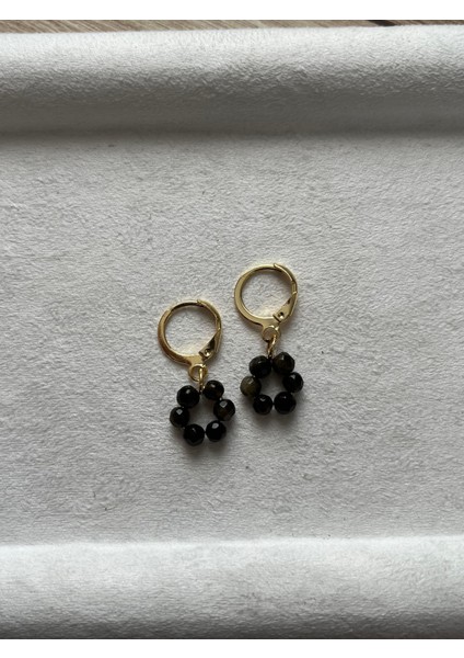 Minimal Gold Obsidyen Taşı Altın Kaplama Halka Küpe