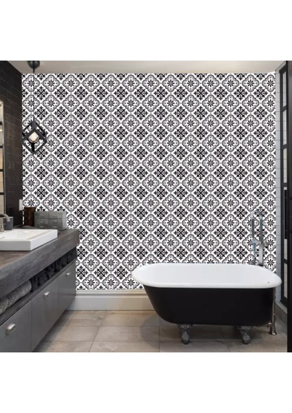 Decohandy Pvc Yer Karosu 30X30CM 4'lü Paket - Siyah Beyaz Çini Desen 0,36M2
