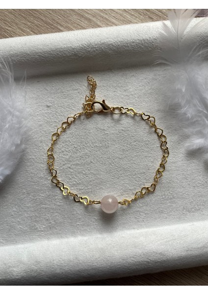 Pembe Kuvars Taşı Kalpli Zincir Bileklik Altın Kaplama