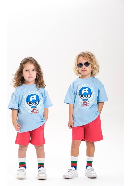 "captain America" Baskılı Tişört ve Kırmızı Şort Takımı