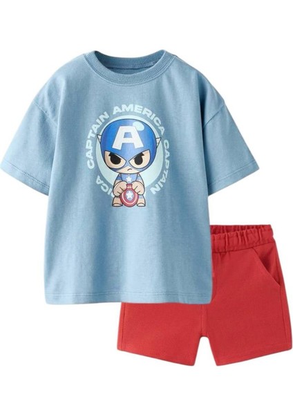 "captain America" Baskılı Tişört ve Kırmızı Şort Takımı fiyatları