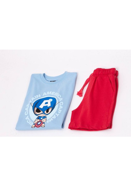 "captain America" Baskılı Tişört ve Kırmızı Şort Takımı modelleri
