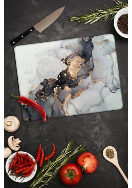 30X40 cm Cam Kesme Tahtası Siyah Yaldızlı Mermer