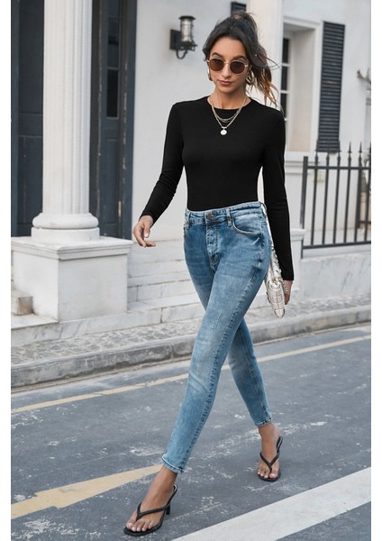 Kadın Siyah Uzun Kollu Fit Basic Crop Top Bluz