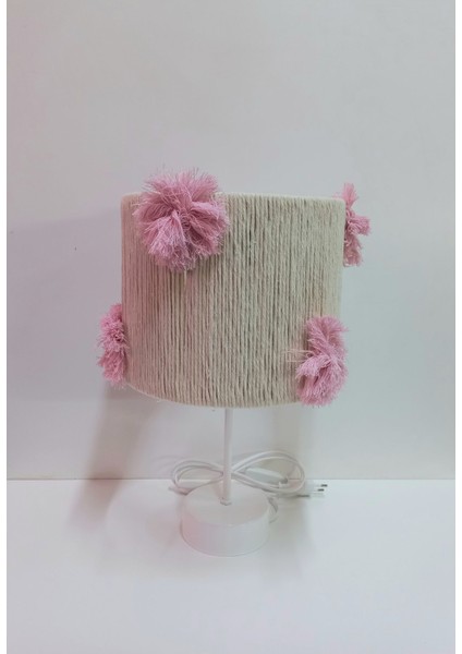 Silindir Ekru Makrome Ip Sargılı Pembe El Yapımı Ponponlu Kız Bebek Çocuk Odası Abajur