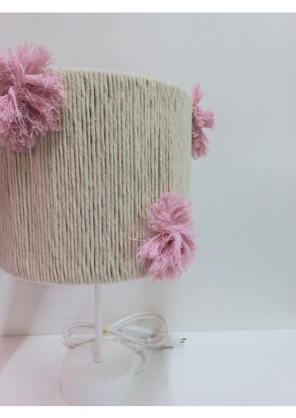 Silindir Ekru Makrome Ip Sargılı Pembe El Yapımı Ponponlu Kız Bebek Çocuk Odası Abajur fiyatları
