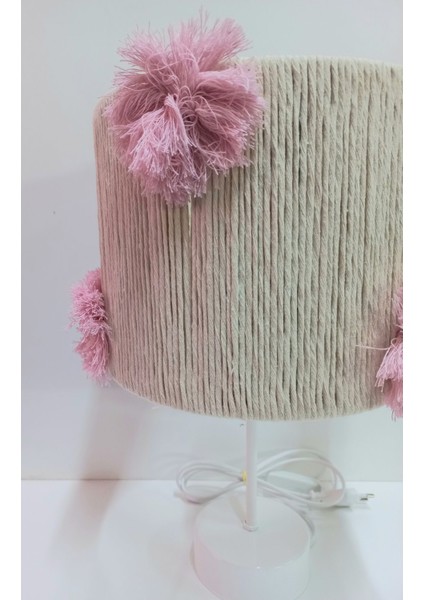 Silindir Ekru Makrome Ip Sargılı Pembe El Yapımı Ponponlu Kız Bebek Çocuk Odası Abajur modelleri