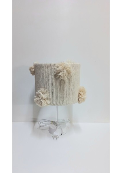 Silindir Ekru Makrome Ip Sargılı Ekru El Yapımı Ponponlu Kız Bebek Çocuk Odası Abajur