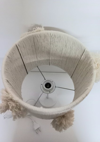 Silindir Ekru Makrome Ip Sargılı Ekru El Yapımı Ponponlu Kız Bebek Çocuk Odası Abajur modelleri