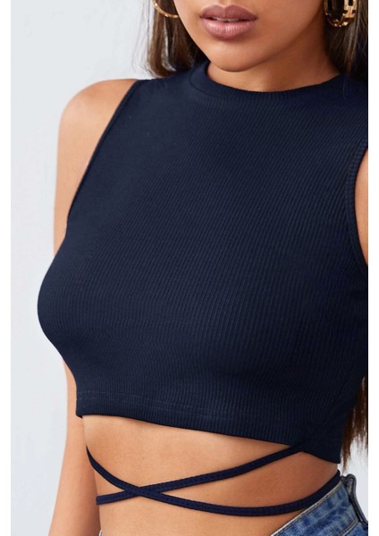 Kadın Lacivert Çapraz Bağlamalı Crop Top Büstiyer