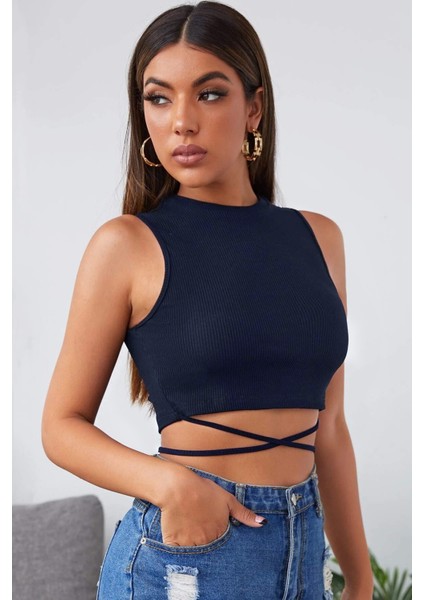 Kadın Lacivert Çapraz Bağlamalı Crop Top Büstiyer