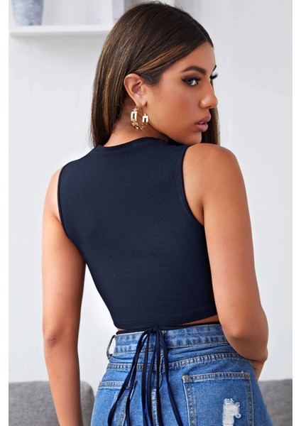 Kadın Lacivert Çapraz Bağlamalı Crop Top Büstiyer