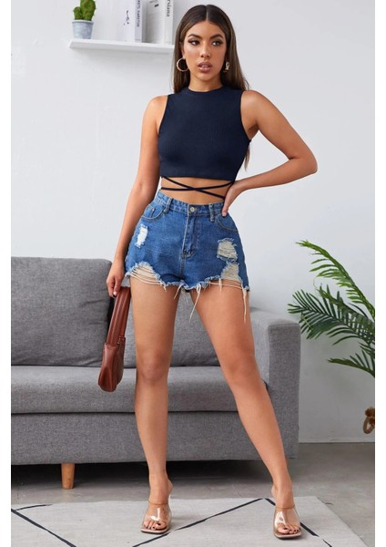 Kadın Lacivert Çapraz Bağlamalı Crop Top Büstiyer