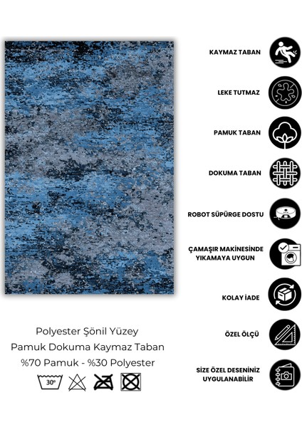 Lacivert Modern Desenli Eskitme Halı Dijital Baskılı Dokuma Kaymaz Tabanlı Yıkanabilir Oturma Odası Halısı