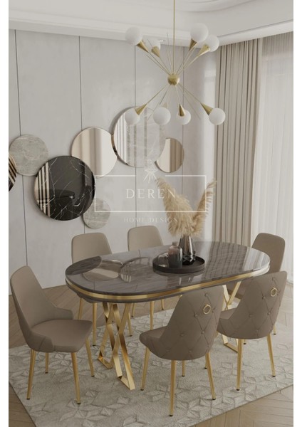 Nef Serisi Lak Panel Mdf Antrasit Renk Masa 90 x 168 Gold Ayak Masa Takımı 6 Adet Sandalye