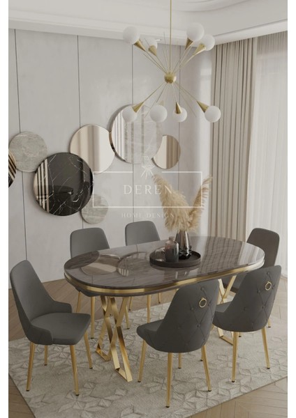 Nef Serisi Lak Panel Mdf Antrasit Renk Masa 90 x 168 Gold Ayak Masa Takımı 6 Adet Kahve Sandalye