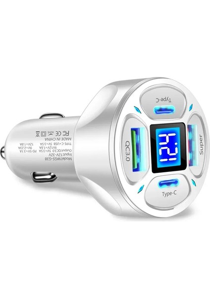 LED Dijital Ekranlı 2 USB + 2 Type C Portlu Hızlı Araç Şarjı -Beyaz