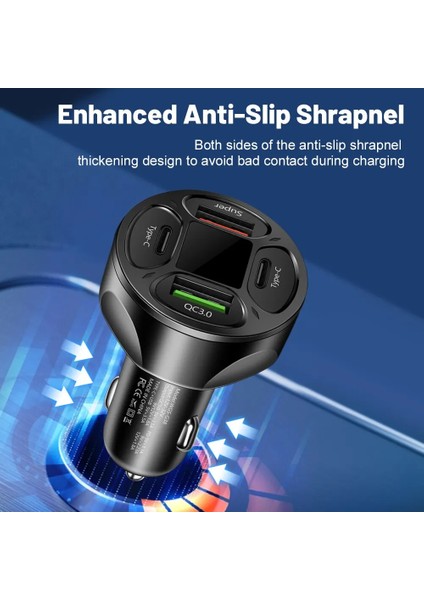 LED Dijital Ekranlı 2 USB + 2 Type C Portlu Hızlı Araç Şarjı -Beyaz