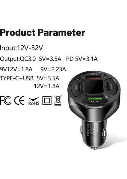 LED Dijital Ekranlı 2 USB + 2 Type C Portlu Hızlı Araç Şarjı -Beyaz