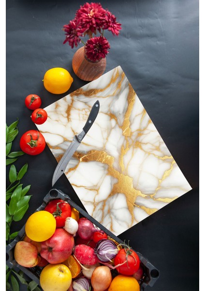 Cam Kesme Tahtası Beyaz Gold Mermer Desenli 35X25 cm