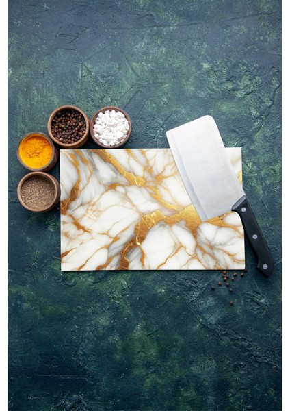 Cam Kesme Tahtası Beyaz Gold Mermer Desenli 35X25 cm fiyatları