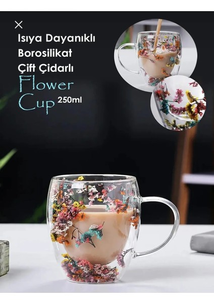 Cam Pipetli Isıya Dayanıklı Borosilikat Çift Çidarlı Çiçekli Kupa Bardak ve Sunum Bardağı 250 ml